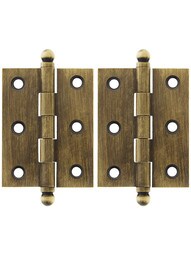 Pair of Solid Brass Ball-Tip Cabinet Hinges - 2 inch x 1 1/2 inch in Antique Brass.